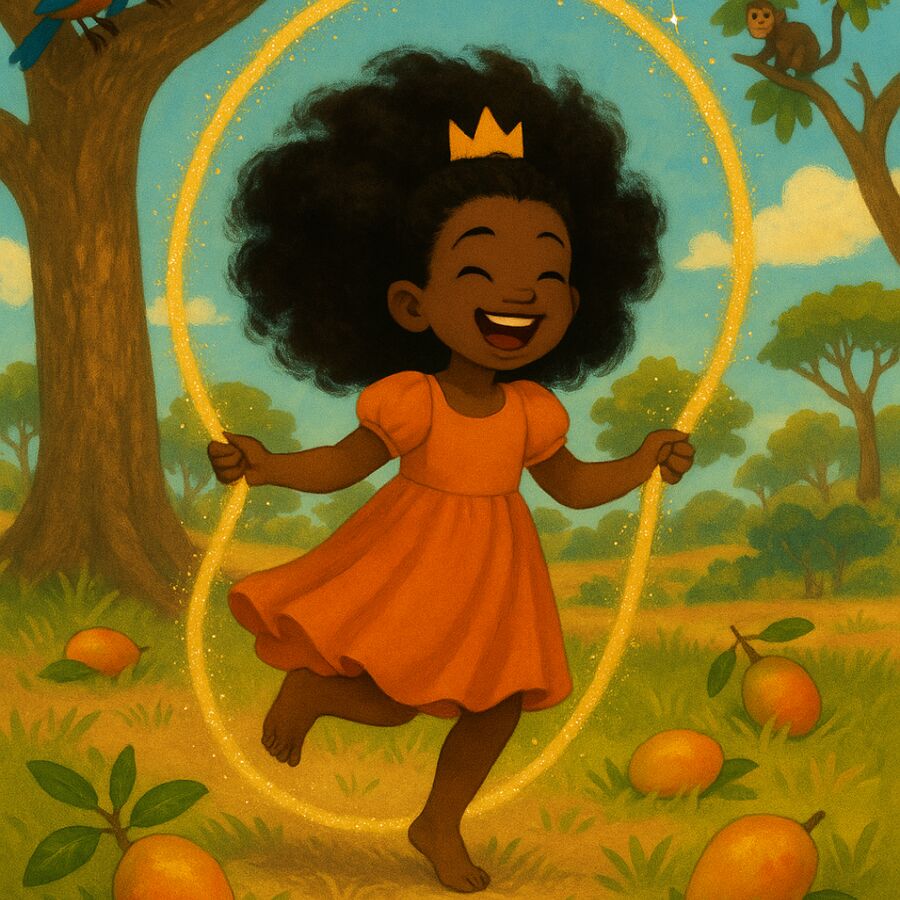 Narimane joyeuse et rayonnante, couronne dorée, dans la lumière magique
